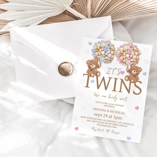 Tweeling Jongen Meisje Beer Ballonnen Rustic Baby  Kaart