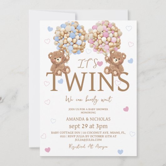 Tweeling Jongen Meisje Beer Ballonnen Rustic Baby  Kaart (Voorkant)