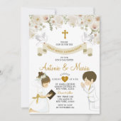 Tweeling Jongen & Meisje Bidden Bloemen 1e Heilige Kaart (Voorkant)