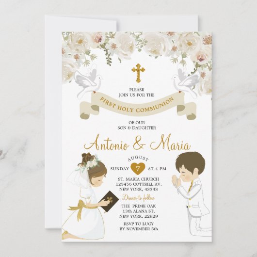 Tweeling Jongen & Meisje Bidden Bloemen 1e Heilige Kaart (Voorkant)