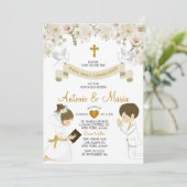 Tweeling Jongen & Meisje Bidden Bloemen 1e Heilige Kaart (Staand voorkant)