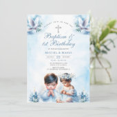 Tweeling Jongen & Meisje Doop & 1e Verjaardag Blau Kaart (Staand voorkant)