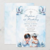 Tweeling Jongen & Meisje Doop & 1e Verjaardag Blau Kaart (Voorkant / Achterkant)