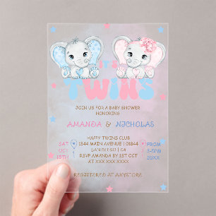 Tweeling Jongen Meisje Olifanten Baby Shower Acryl Uitnodigingen