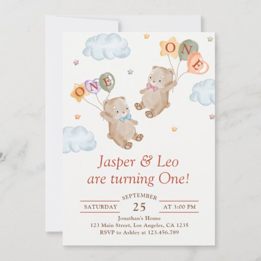 Tweeling Jongen Meisje - Teddyberen Feest Verjaard Kaart (Voorkant)