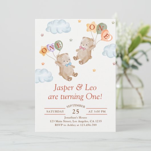 Tweeling Jongen Meisje - Teddyberen Feest Verjaard Kaart (Staand voorkant)