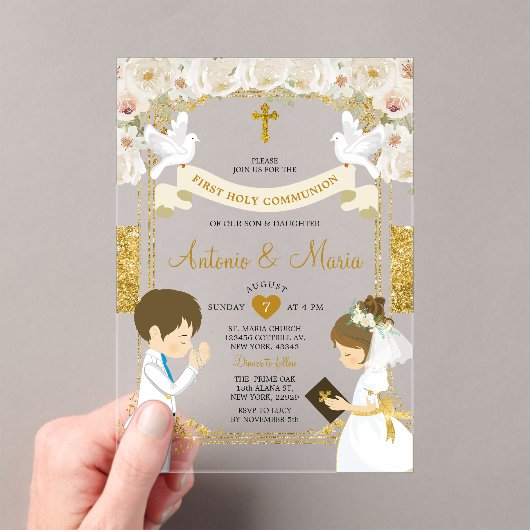 Tweeling Jongen & Meisje Witte Bloem 1e Heilige Co Acryl Uitnodigingen (Insitu (Draagbaar))