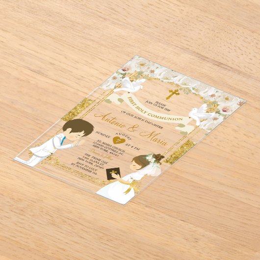 Tweeling Jongen & Meisje Witte Bloem 1e Heilige Co Acryl Uitnodigingen (Laagn)