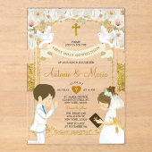 Tweeling Jongen & Meisje Witte Bloem 1e Heilige Co Acryl Uitnodigingen (Voorkant)