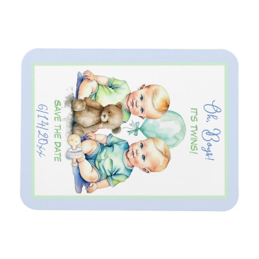 Tweeling Jongens Baby Shower Save the Date Magneet (Horizontaal)