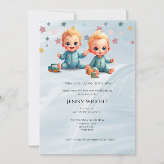 Tweeling Jongens Baby Shower Uitnodiging (Voorkant)