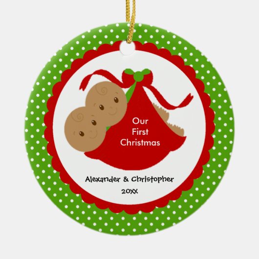 Tweeling Jongens Baby's Eerste Kerstmis Ornament (Voorkant)