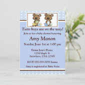 Tweeling jongens beren gepersonaliseerd baby showe kaart (Staand voorkant)