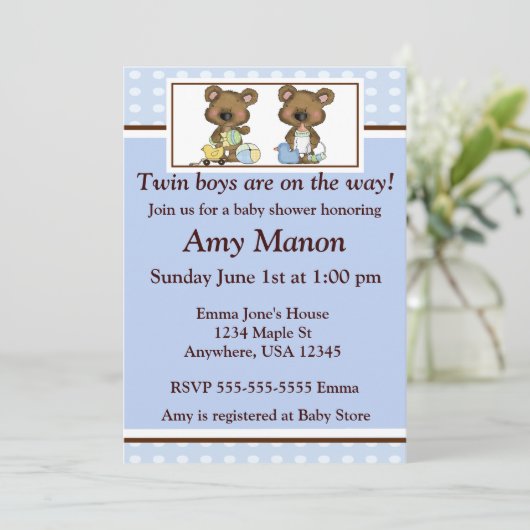 Tweeling jongens beren gepersonaliseerd baby showe kaart (Staand voorkant)