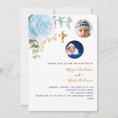 Tweeling jongens blauw bloemenfoto doop kaart (Voorkant)