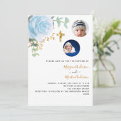 Tweeling jongens blauw bloemenfoto doop kaart (Staand voorkant)