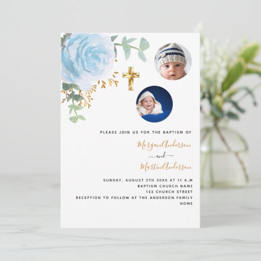 Tweeling jongens blauw bloemenfoto doop kaart (Staand voorkant)