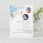 Tweeling jongens blauw bloemenfoto luxe doop kaart (Staand voorkant)