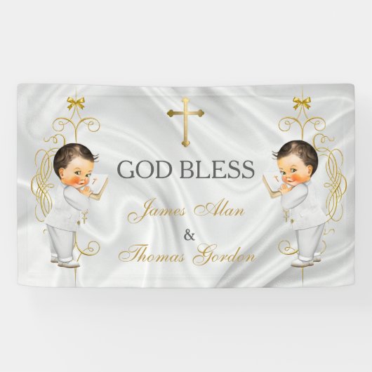 Tweeling Jongens Doop Christening Goud Spandoek (Horizontaal)