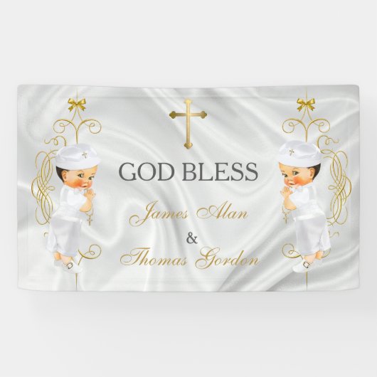 Tweeling Jongens Doop Christening Goud Spandoek (Horizontaal)