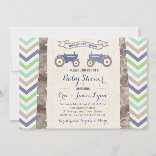 Tweeling jongens groen blauw trekkerchevron baby s kaart (Voorkant)