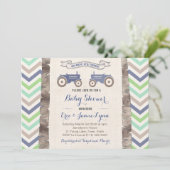 Tweeling jongens groen blauw trekkerchevron baby s kaart (Staand voorkant)