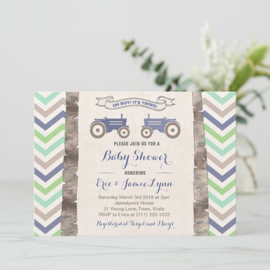 Tweeling jongens groen blauw trekkerchevron baby s kaart (Staand voorkant)
