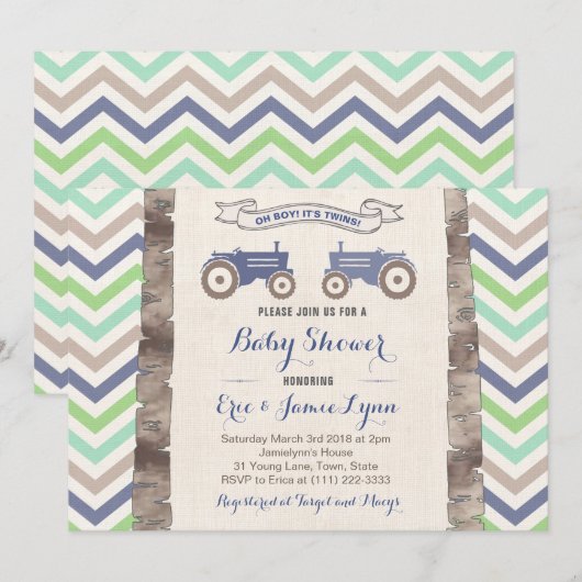 Tweeling jongens groen blauw trekkerchevron baby s kaart (Voorkant / Achterkant)
