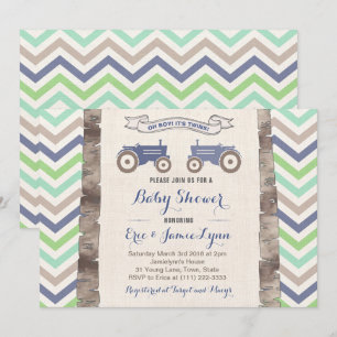 Tweeling jongens groen blauw trekkerchevron baby s kaart