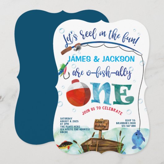 Tweeling jongens kleine visser visser thema 1st kaart (Voorkant / Achterkant)