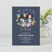 Tweeling Jongens Outer Space Planeten Baby Shower Kaart (Staand voorkant)