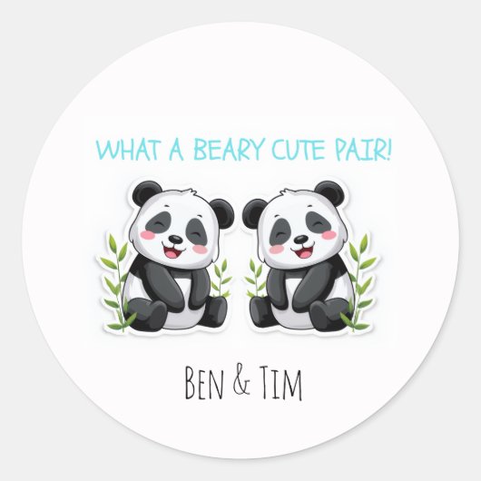 Tweeling Jongens, Panda Beer, Aangepaste Tweeling Ronde Sticker (Voorkant)