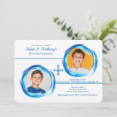 Tweeling jongens Religieuze Foto Uitnodiging (Staand voorkant)