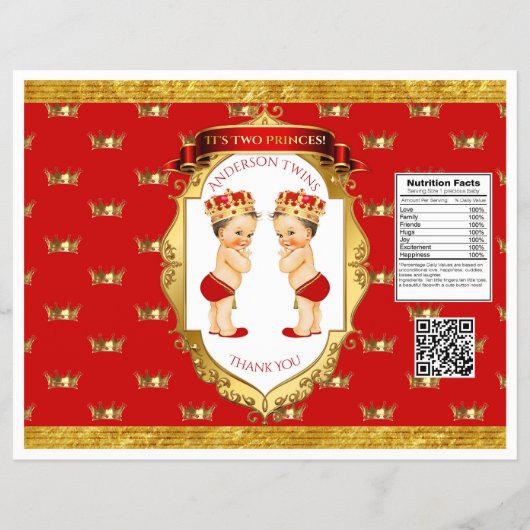 Tweeling jongens rode gouden chipzak verpakking flyer (Voorkant)