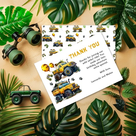 Tweeling Jongens Safari Jungle Monster Truck Verja Bedankkaart