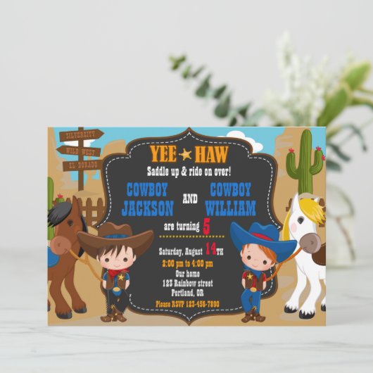 Tweeling jongens verjaardagsuitnodiging Wild West Kaart (Staand voorkant)