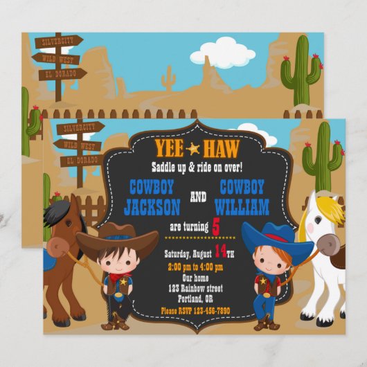 Tweeling jongens verjaardagsuitnodiging Wild West Kaart (Voorkant / Achterkant)