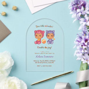 Tweeling Kat Beer Geslacht Neutrale Baby Shower Acryl Uitnodigingen
