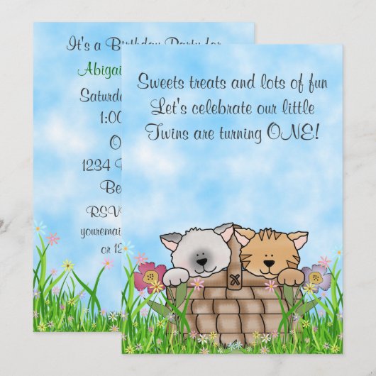 Tweeling Kittens en bloemen 1e verjaardag Kaart (Voorkant / Achterkant)