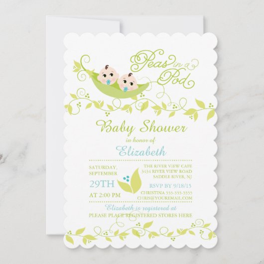 Tweeling Kleine Erwten Jongens Baby shower Uitnodi Kaart (Voorkant)