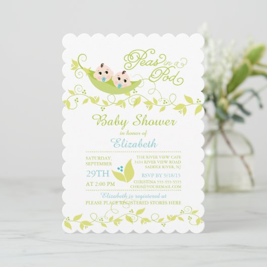 Tweeling Kleine Erwten Jongens Baby shower Uitnodi Kaart (Staand voorkant)