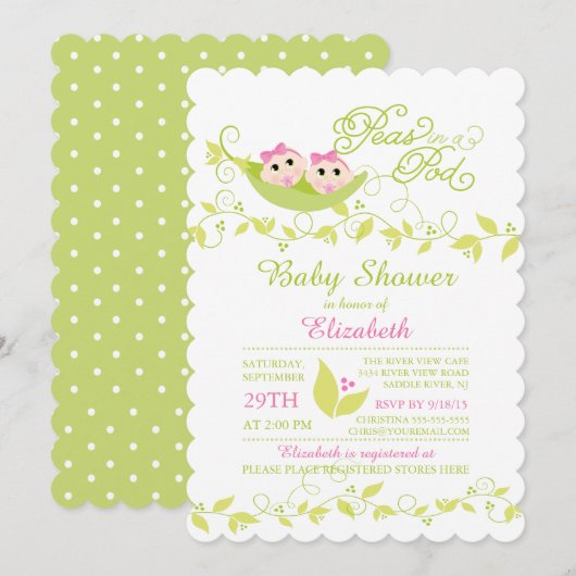 Tweeling Kleine Erwten Meisjes Baby shower Invitat Kaart (Voorkant / Achterkant)