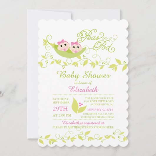 Tweeling Kleine Erwten Meisjes Baby shower Invitat Kaart (Voorkant)