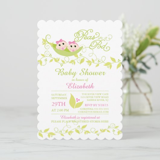 Tweeling Kleine Erwten Meisjes Baby shower Invitat Kaart (Staand voorkant)