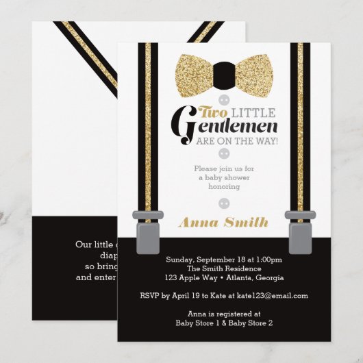 Tweeling Kleine Mannen Baby shower Uitnodigen, Fau Kaart (Voorkant / Achterkant)