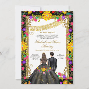 Tweeling Kleurrijke Bloemen Mexicaans Feest Quince Kaart