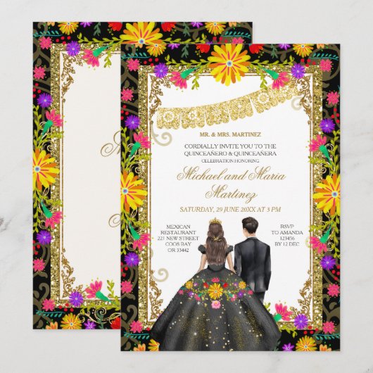 Tweeling Kleurrijke Bloemen Mexicaanse Fiesta Quin Kaart (Voorkant / Achterkant)