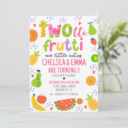 Tweeling Kleurrijke Fruit Two-tii Frutti 2e Verjaa Kaart (Staand voorkant)