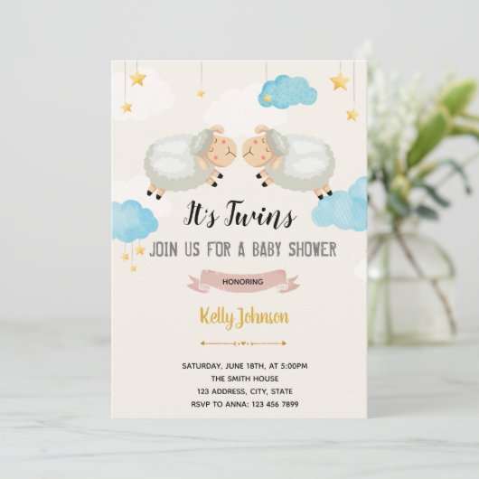 Tweeling lamsschaap douche uitnodiging (Staand voorkant)