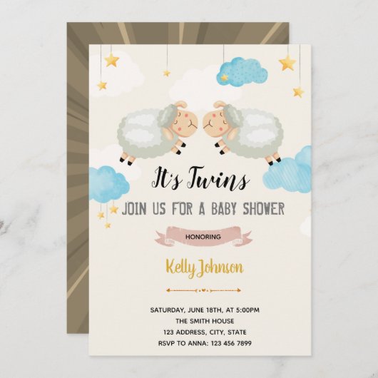 Tweeling lamsschaap douche uitnodiging (Voorkant / Achterkant)